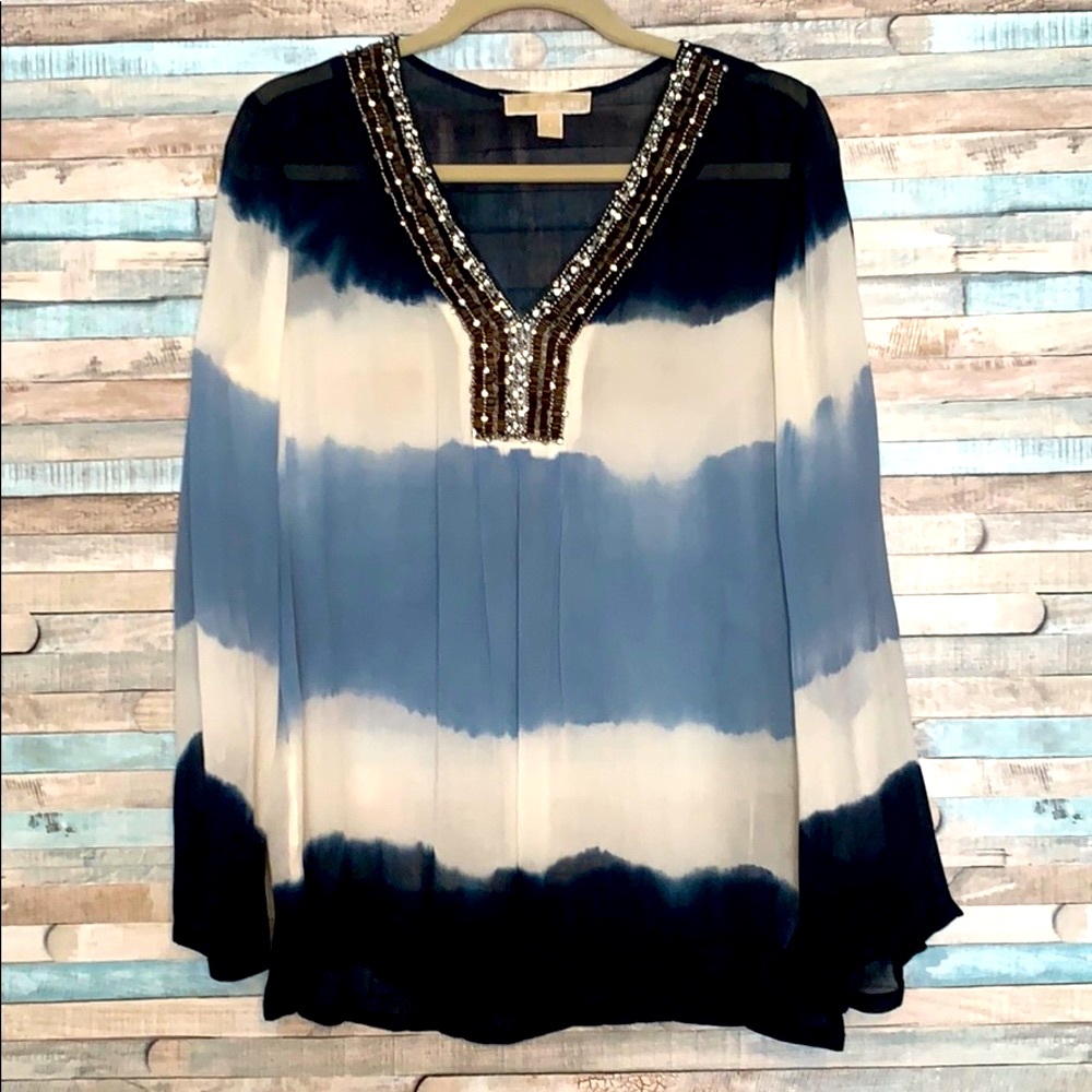 Michael Kors beaded top sheer navy white blue